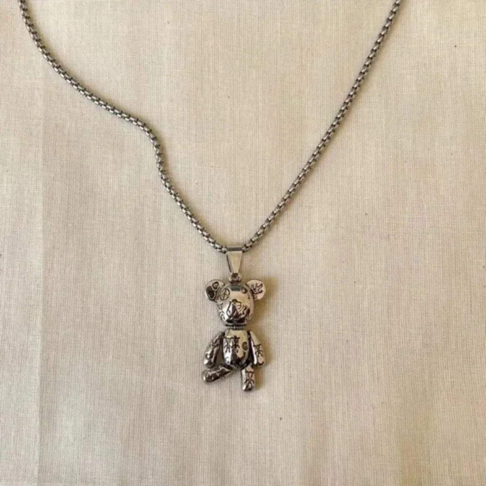 y2k grunge chrome silver bear peace pendant necklace